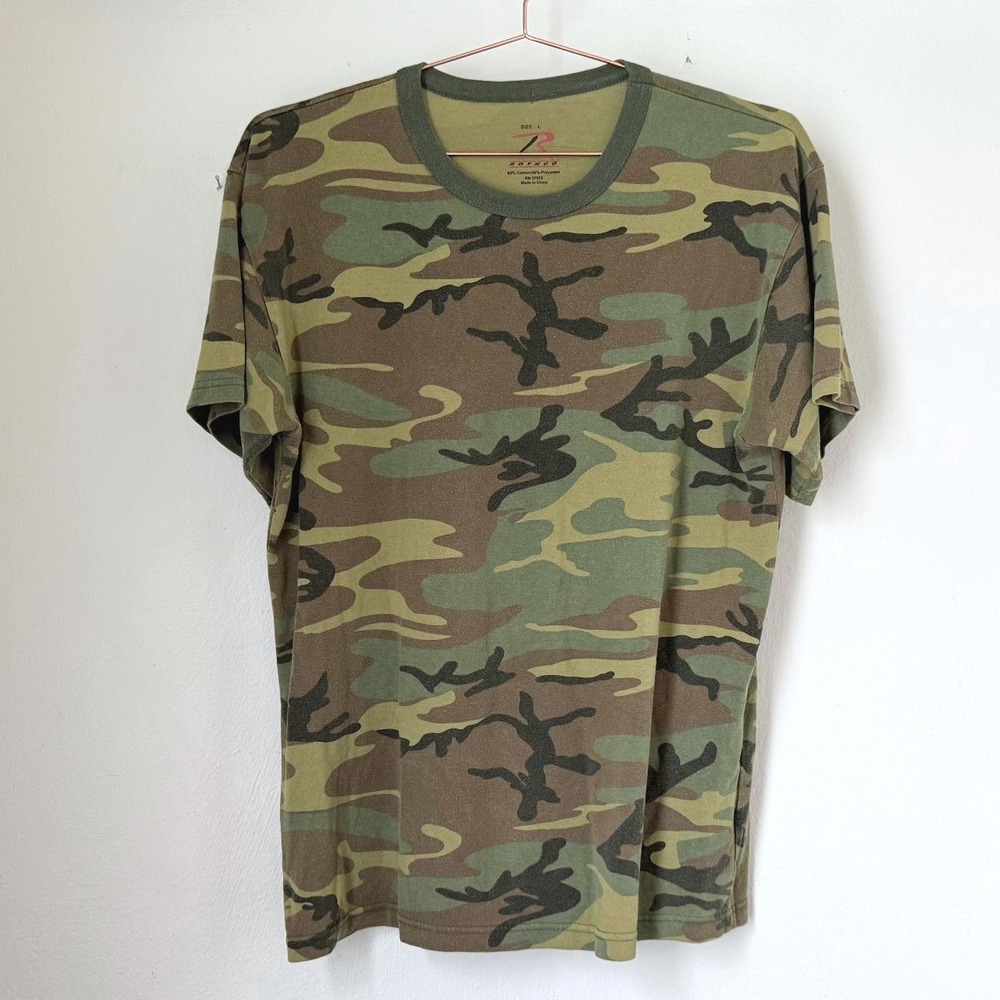 Vintage Rothco Men's Woodland Camouflage T-Shirt Size L Green Brown